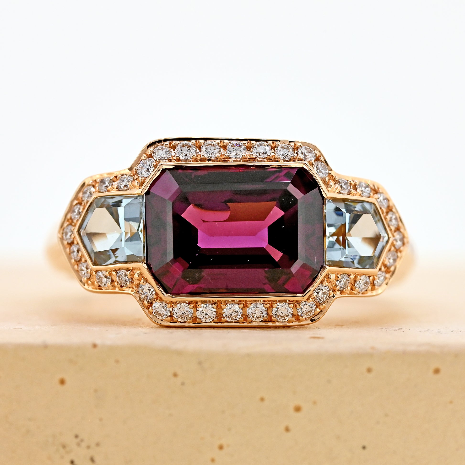 garnet and aquamarine ring rose gold and aquamarine ring diamond surround purple garnet art deco inspired dress ring emerald cut garnet 