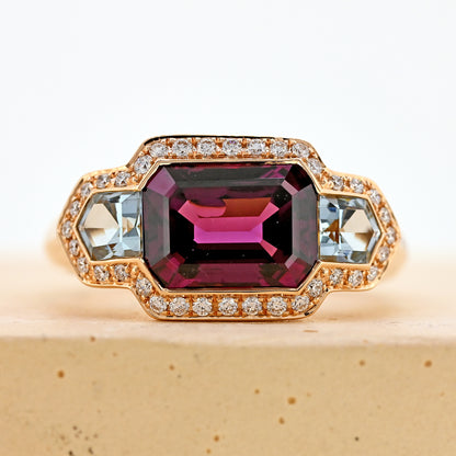 garnet and aquamarine ring rose gold and aquamarine ring diamond surround purple garnet art deco inspired dress ring emerald cut garnet 