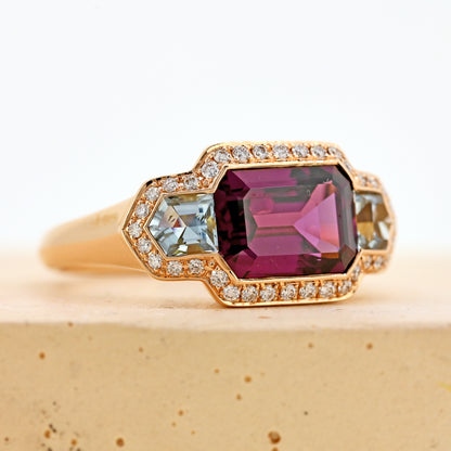 garnet and aquamarine ring rose gold and aquamarine ring diamond surround purple garnet art deco inspired dress ring emerald cut garnet 