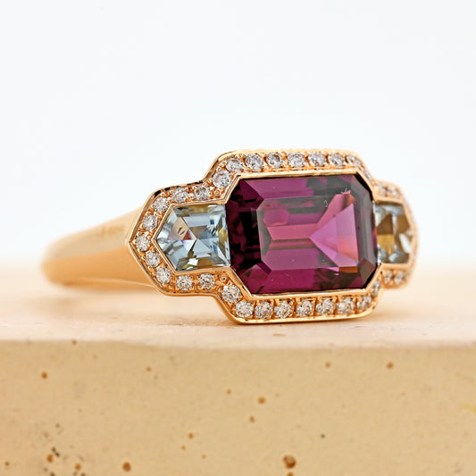 garnet and aquamarine ring rose gold and aquamarine ring diamond surround purple garnet art deco inspired dress ring emerald cut garnet 