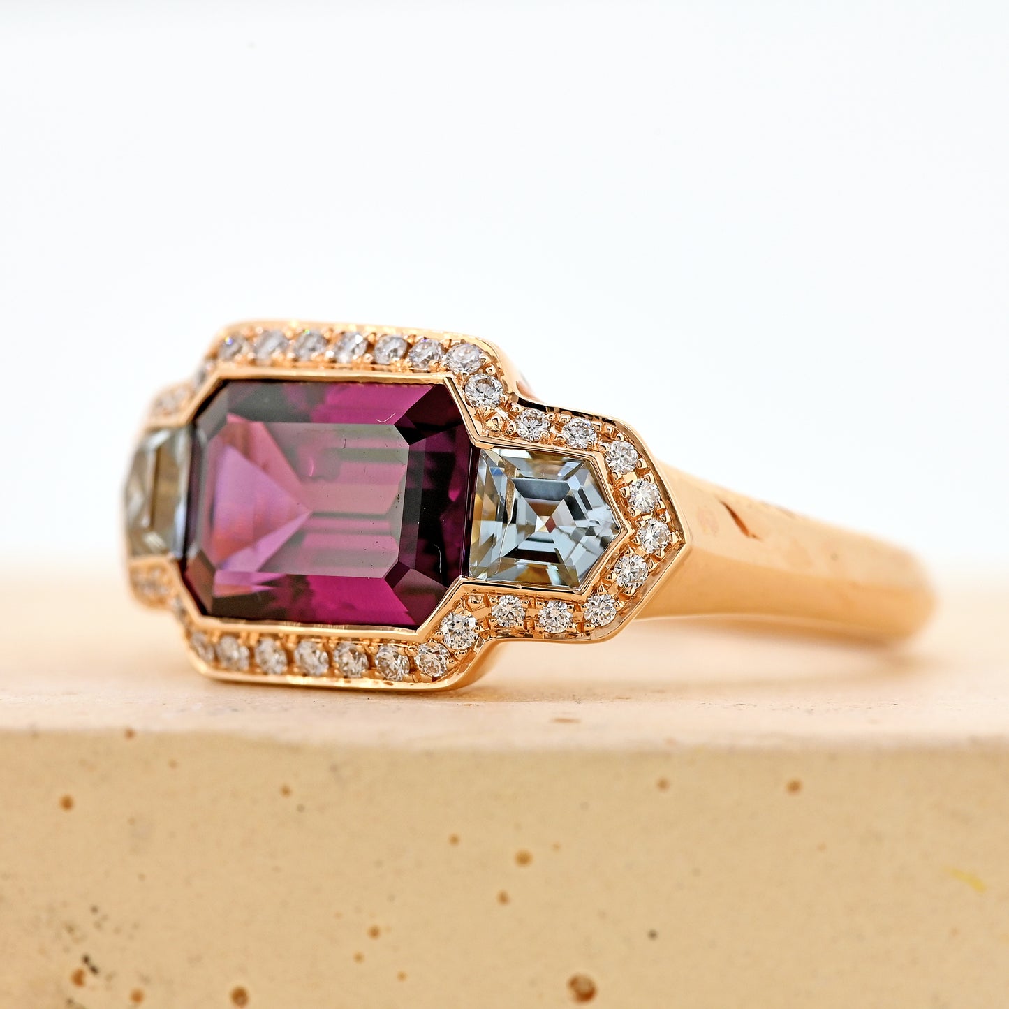 garnet and aquamarine ring rose gold and aquamarine ring diamond surround purple garnet art deco inspired dress ring emerald cut garnet 