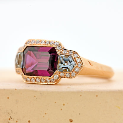 garnet and aquamarine ring rose gold and aquamarine ring diamond surround purple garnet art deco inspired dress ring emerald cut garnet 