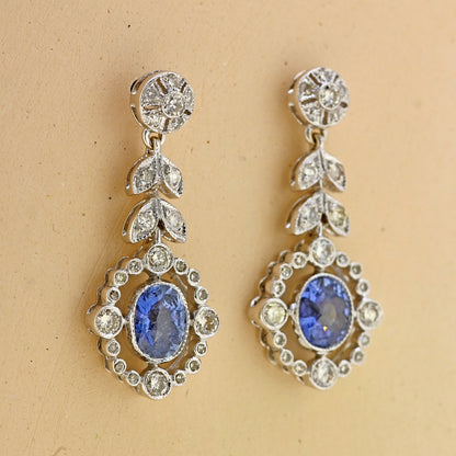 vintage sapphire and diamond earrings, sapphire and diamond earrings, ornate sapphire and diamond earrings, ornate pre owned earrings, second hand jewellery, ornate jewellery