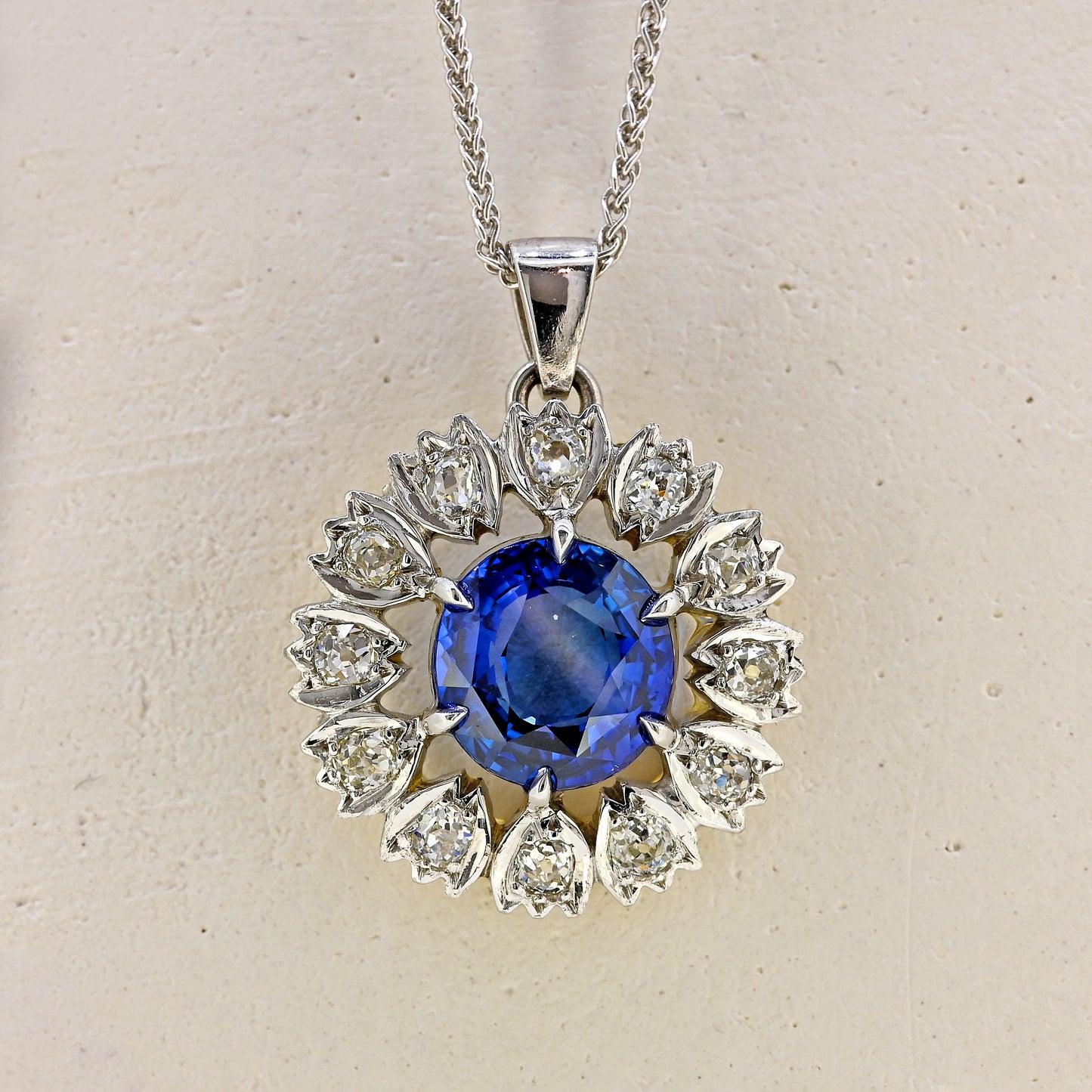 sapphire and diamond necklace, 9ct sapphire and diamond necklace, repurposed necklace, brooch conversion, sapphire necklace, white gold sapphire necklace, 9ct white gold sapphire and diamond necklace