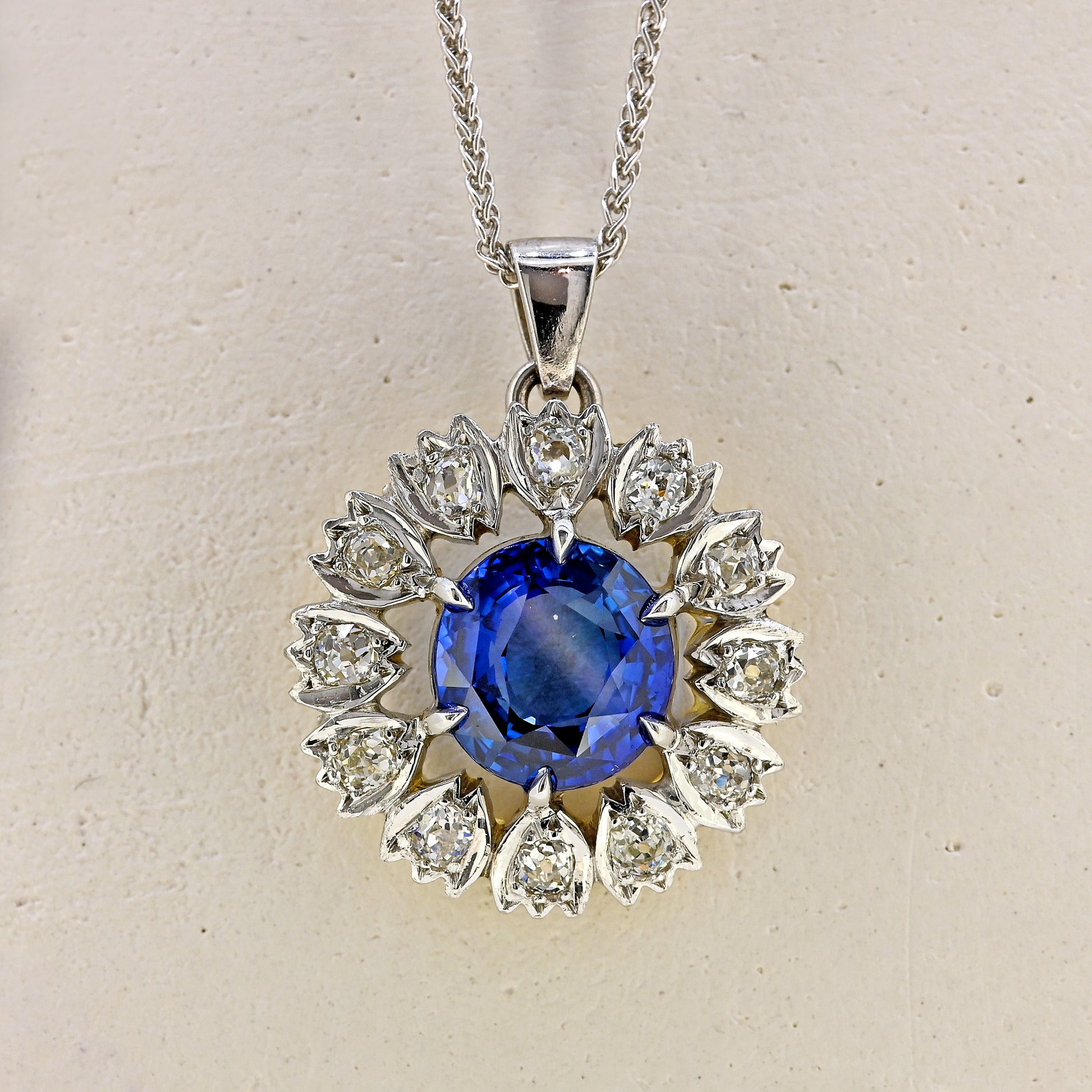 sapphire and diamond necklace, 9ct sapphire and diamond necklace, repurposed necklace, brooch conversion, sapphire necklace, white gold sapphire necklace, 9ct white gold sapphire and diamond necklace