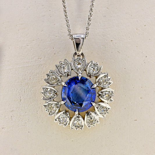 sapphire and diamond necklace, 9ct sapphire and diamond necklace, repurposed necklace, brooch conversion, sapphire necklace, white gold sapphire necklace, 9ct white gold sapphire and diamond necklace