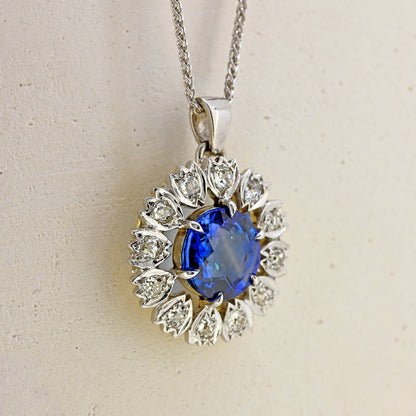 sapphire and diamond necklace, 9ct sapphire and diamond necklace, repurposed necklace, brooch conversion, sapphire necklace, white gold sapphire necklace, 9ct white gold sapphire and diamond necklace