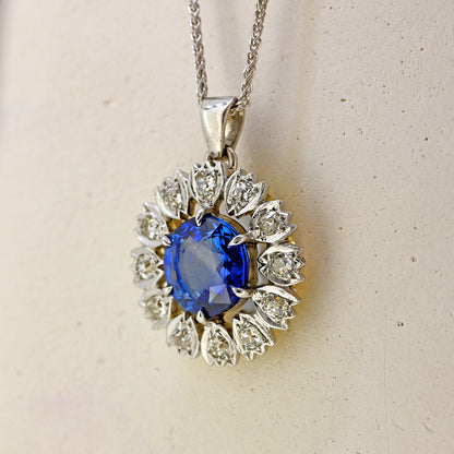 sapphire and diamond necklace, 9ct sapphire and diamond necklace, repurposed necklace, brooch conversion, sapphire necklace, white gold sapphire necklace, 9ct white gold sapphire and diamond necklace