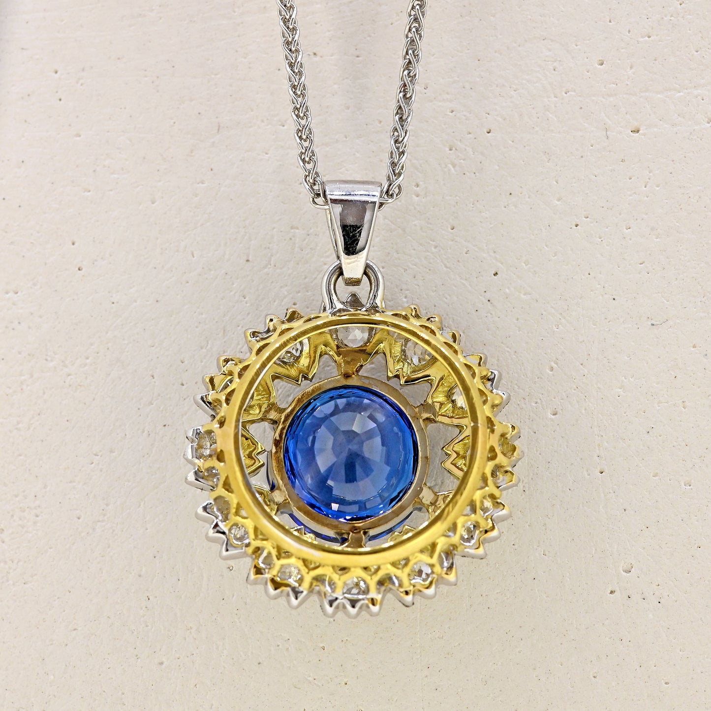sapphire and diamond necklace, 9ct sapphire and diamond necklace, repurposed necklace, brooch conversion, sapphire necklace, white gold sapphire necklace, 9ct white gold sapphire and diamond necklace