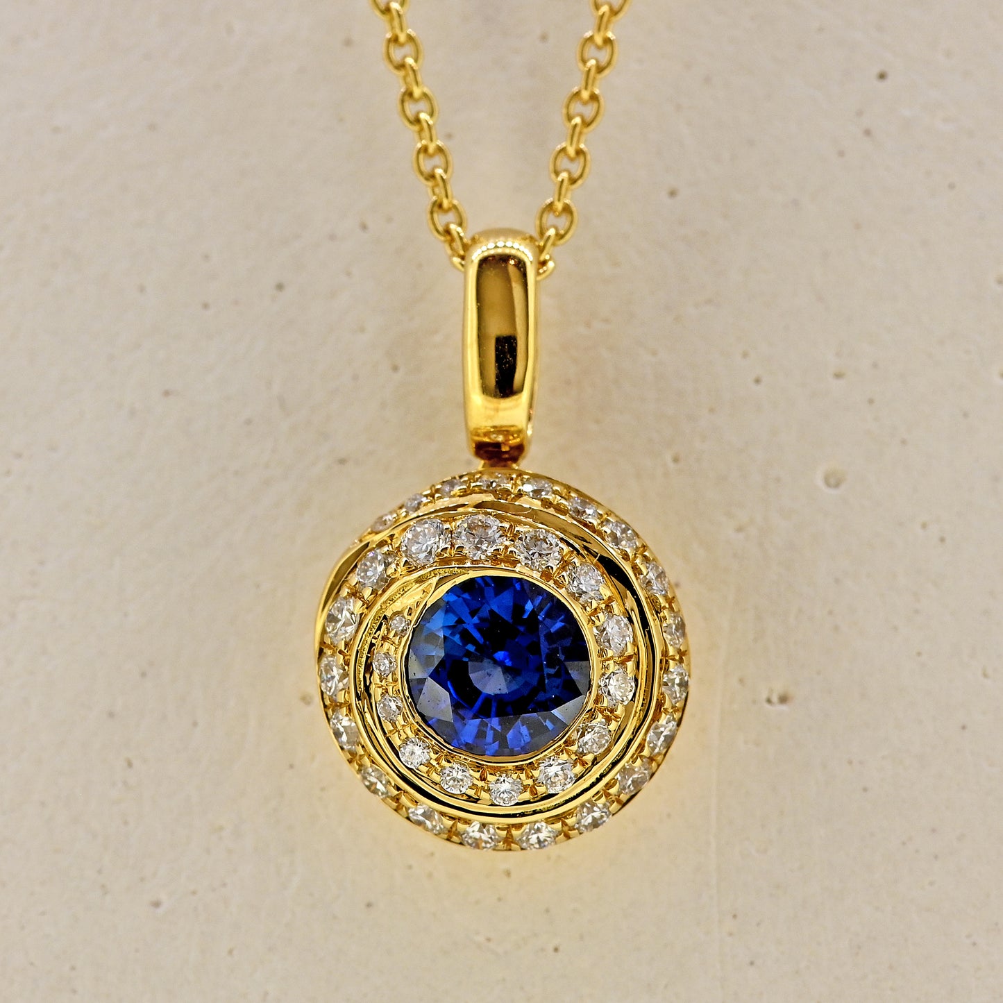 sapphire necklace sapphire and diamond necklace 18ct yellow gold necklace sapphire pendant sapphire and diamond pendant swirl necklace