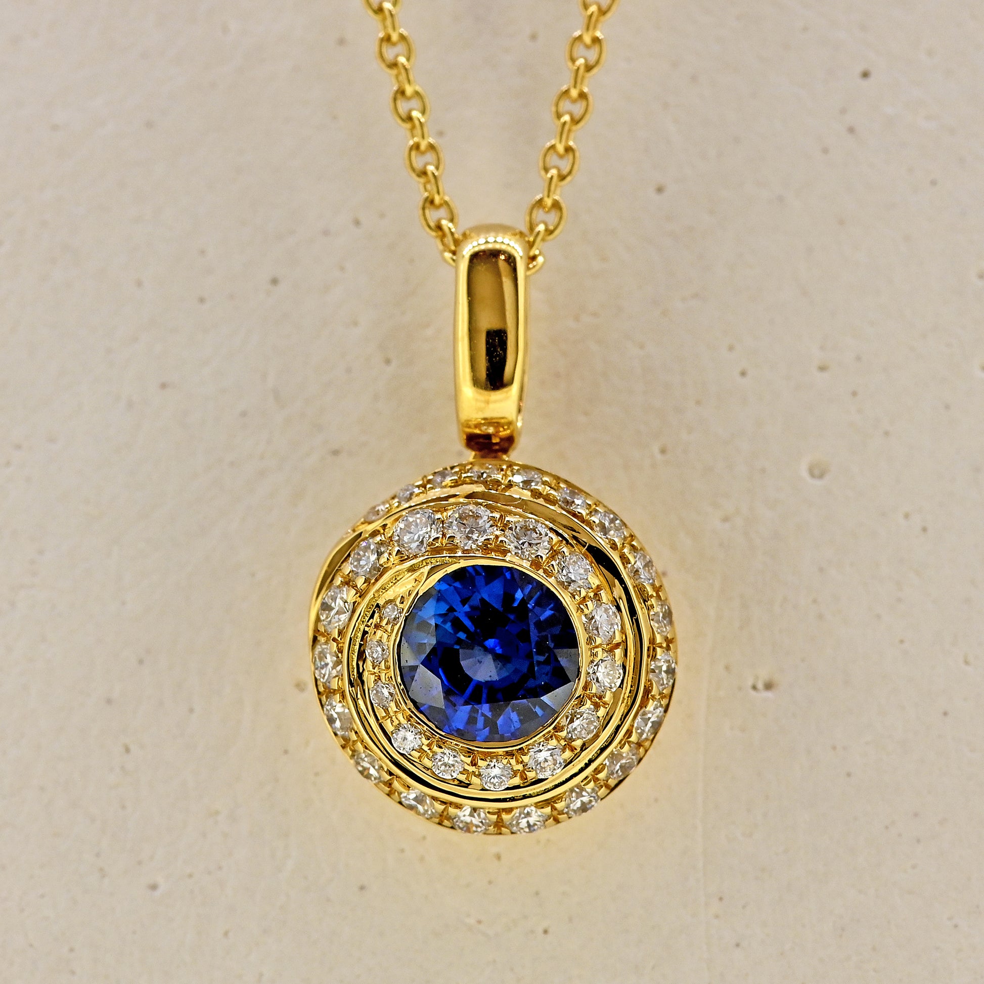 sapphire necklace sapphire and diamond necklace 18ct yellow gold necklace sapphire pendant sapphire and diamond pendant swirl necklace