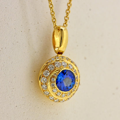 sapphire necklace sapphire and diamond necklace 18ct yellow gold necklace sapphire pendant sapphire and diamond pendant swirl necklace