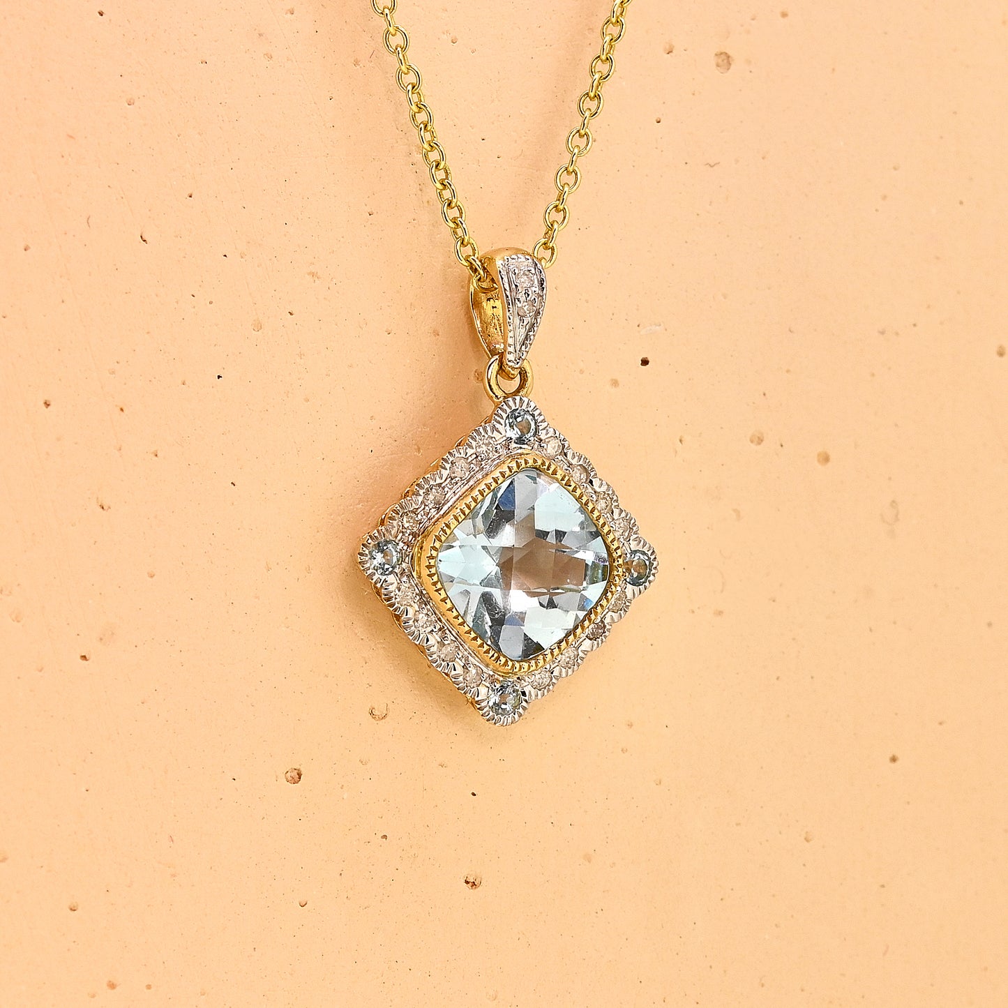 Blue topaz necklace, 9ct blue topaz necklace, yellow gold blue topaz necklace, blue topaz and diamond necklace, 9ct blue topaz and diamond necklace, modern blue topaz necklace