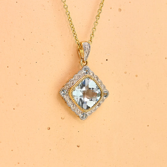 Blue topaz necklace, 9ct blue topaz necklace, yellow gold blue topaz necklace, blue topaz and diamond necklace, 9ct blue topaz and diamond necklace, modern blue topaz necklace