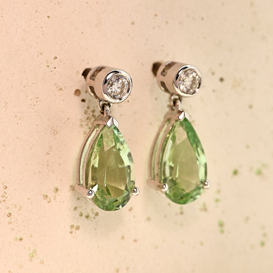 18ct White Gold Mint Green Tourmaline and Diamond Drop Earrings